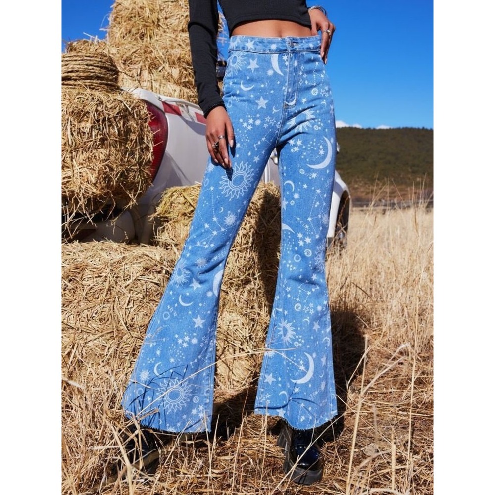 ROMWE Celestial Sun Moon Star Flare Jeans Light Wash High Rise Bell Bottoms L
